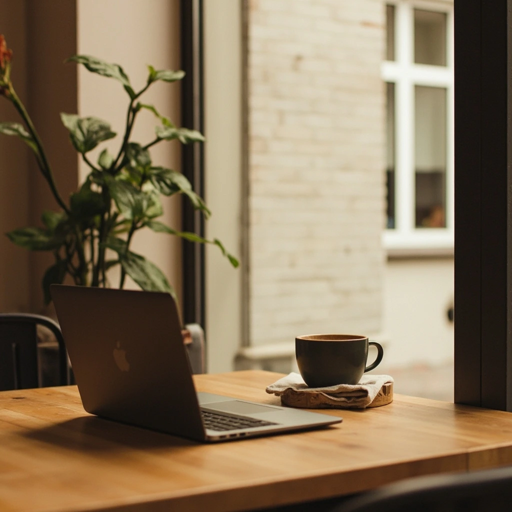 A workspace table by a large window with a laptop and ceramic coffee cup