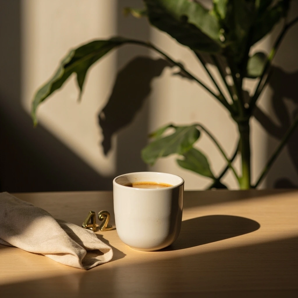 A ceramic espresso cup beside a folded napkin on a warm wooden table