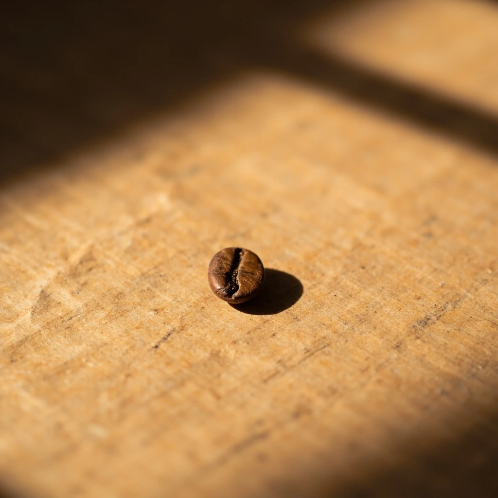 A single roasted coffee bean on warm kraft paper.