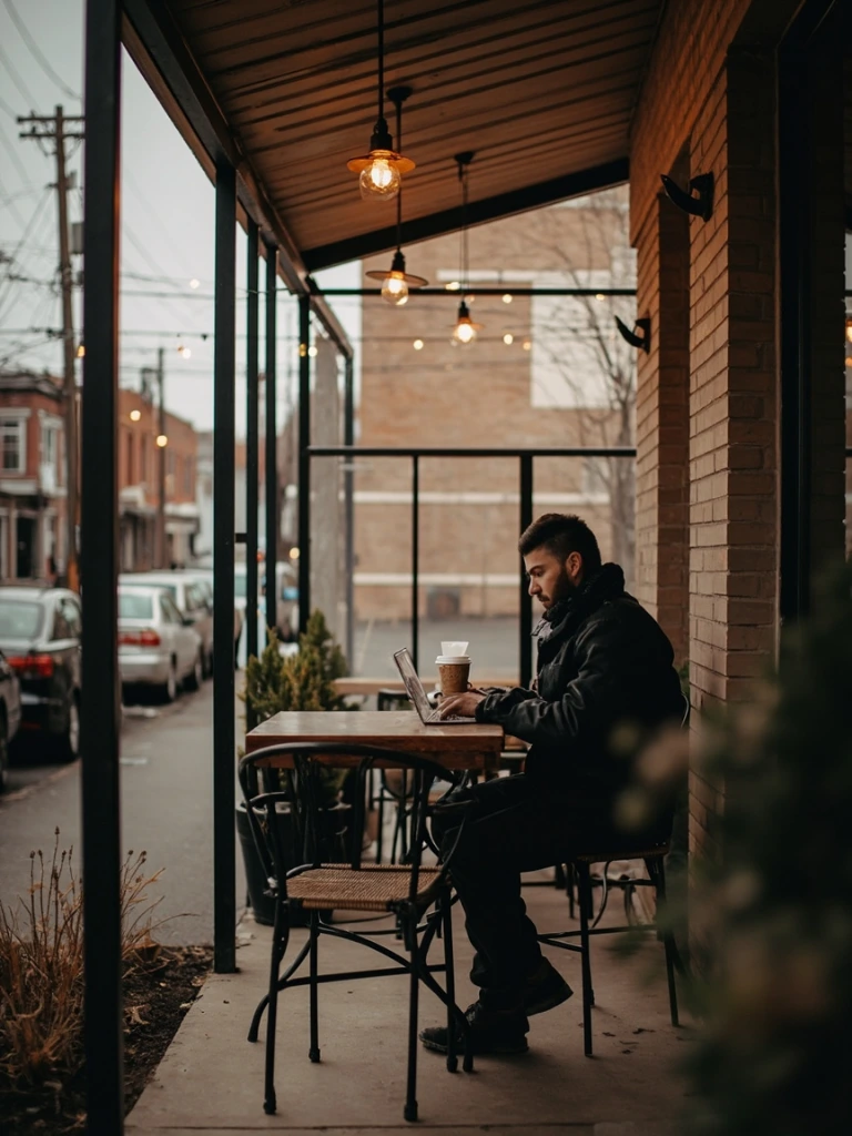 Heated patio seat with a single laptop user and a pour-over, soft winter light