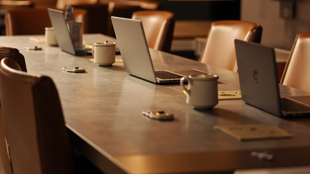 Communal work table with eight seats, outlet strip at each station