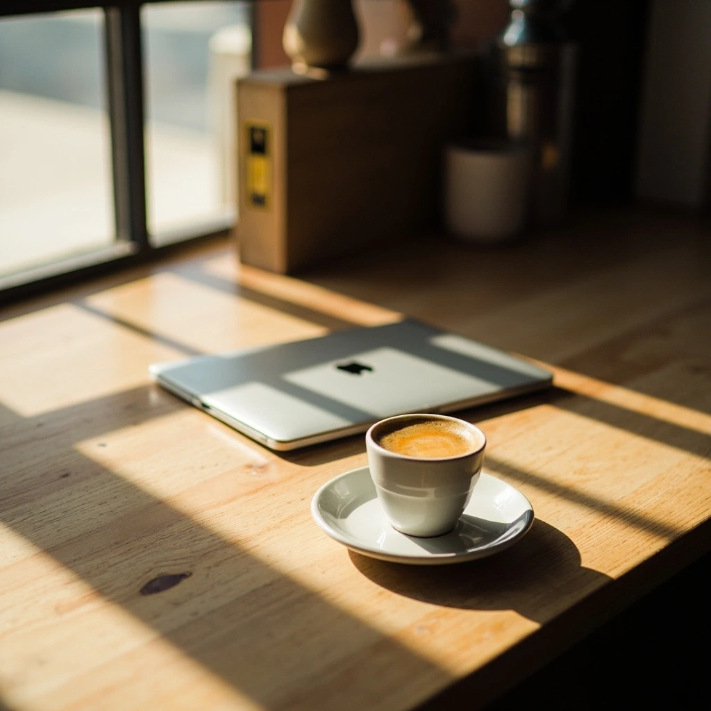 Detail of an oak desk with laptop, espresso cup, and the brass outlet at each station